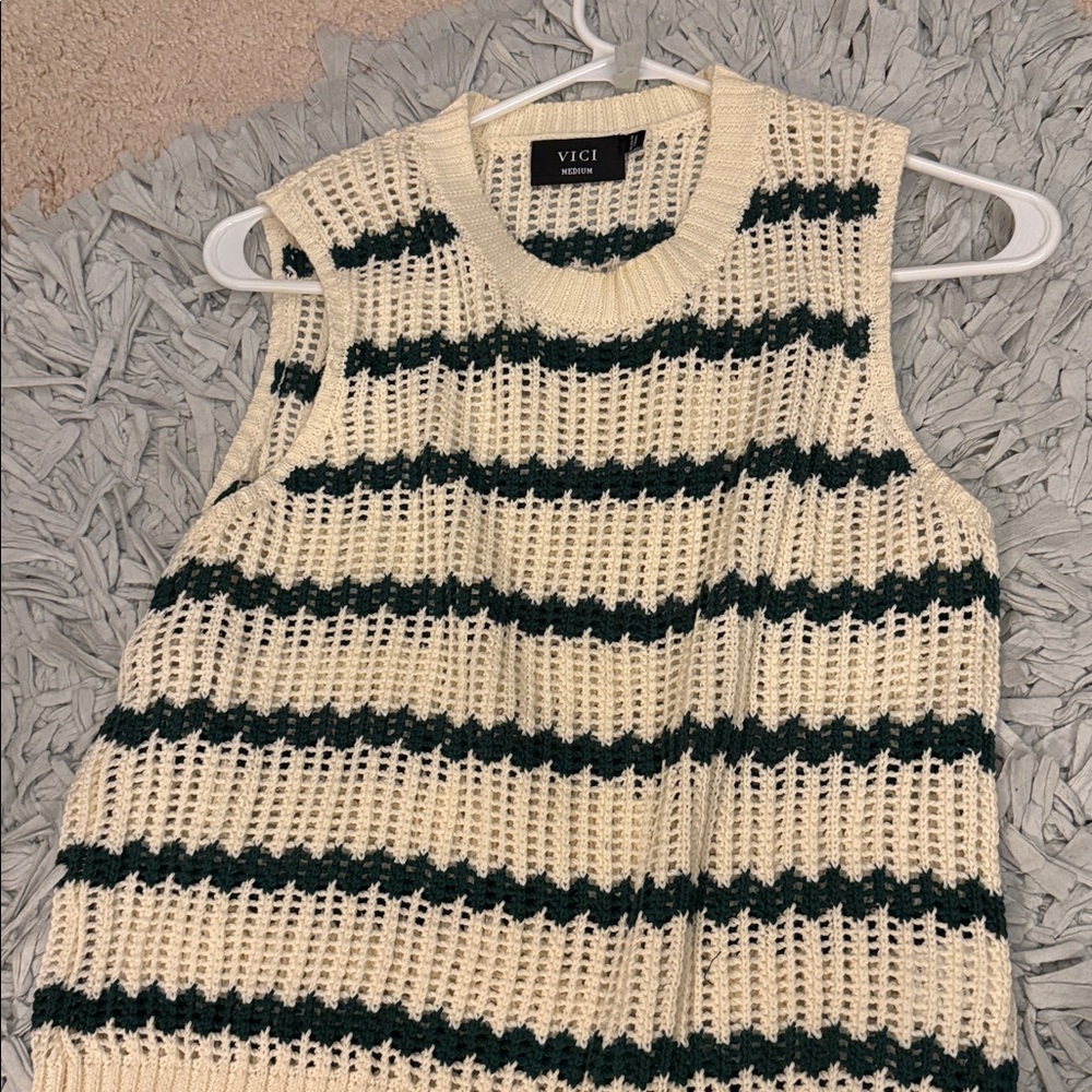 Vici Cream and Green Striped Knit Crop Tank - Picture 3 of 4